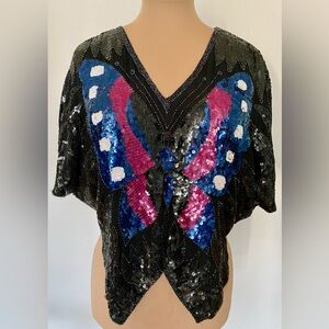 Vintage 70s SHOMAX Sequined Butterfly Blouse *O/S* Silk Embellished Disco Top
